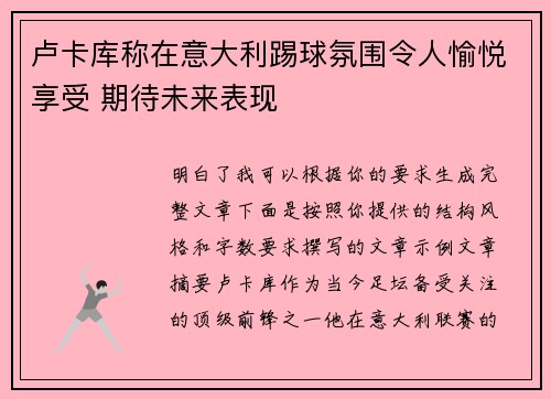 卢卡库称在意大利踢球氛围令人愉悦享受 期待未来表现